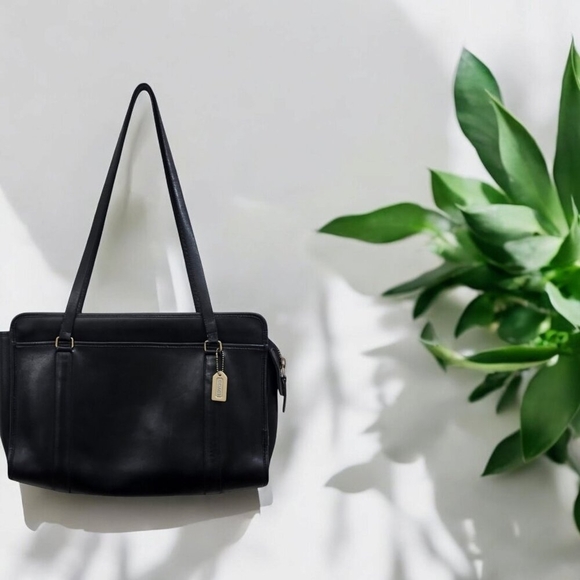 Coach Rare Vintage Black Leather Briefcase Laptop Bag Attache Tote Made In USA - Picture 2 of 16